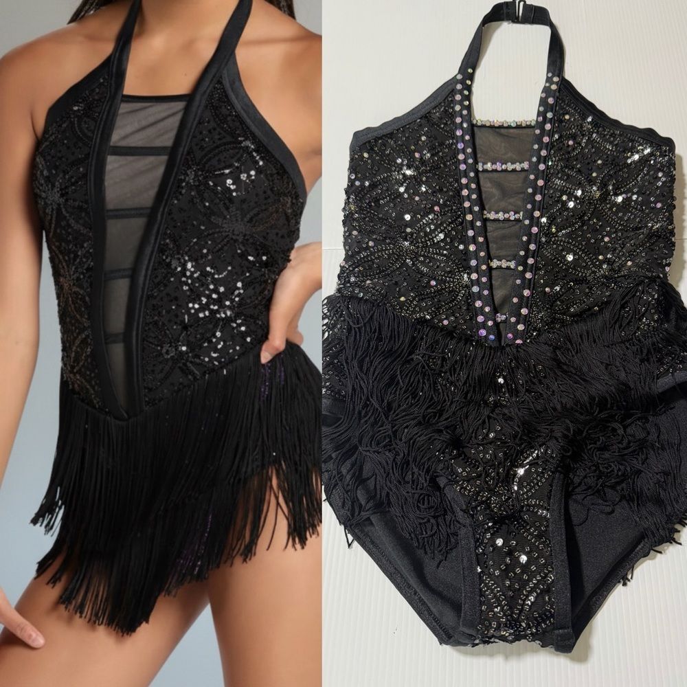 Weissman dance costume black sequin fringe flapper Clap Clap D12551 LC child
